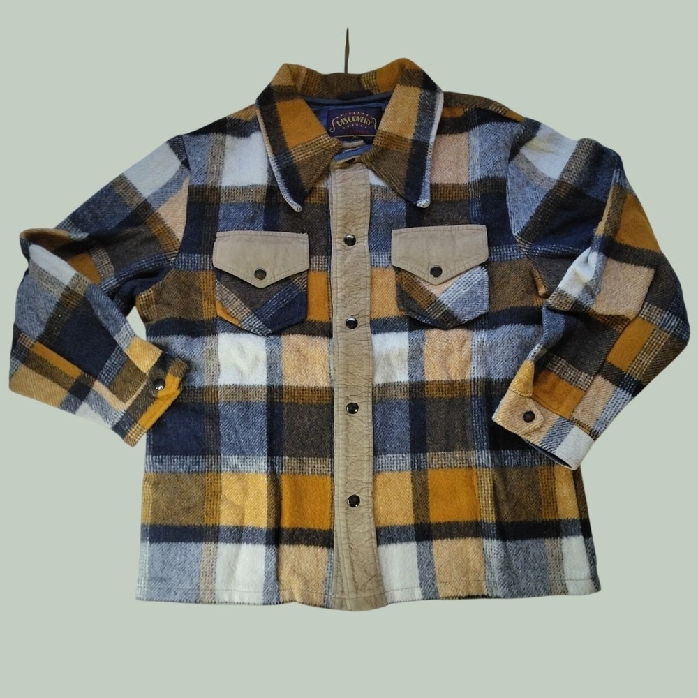 Vintage Discovery by Silton Plaid Wool Blend Shirt Jacket Mens Large Yellow Blue